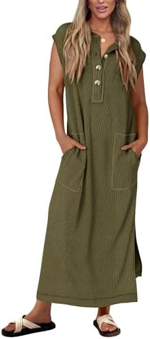 KIRUNDO Womens Summer Dresses Ribbed Knit Henley Short Sleeve Maxi Dress Button Up Loose Slit Beach Vacation Sundress