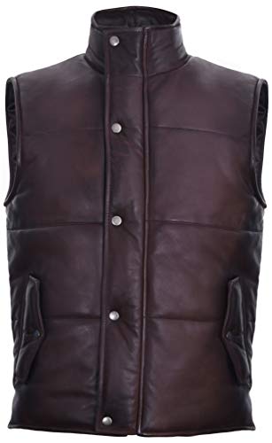 Men's Brown Leather Puffer Padded Vest Waistcoat M