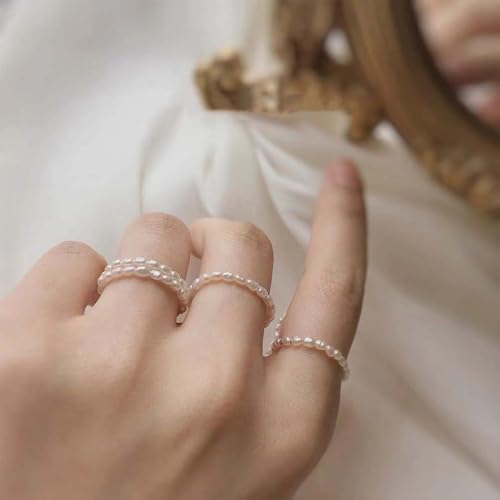 5Pcs Pearl Rings for Women,Vintage Stretch Beaded Stackable Rings Adjustable Thin Dainty Handmade Pearl Jewelry Statement Band Ring2