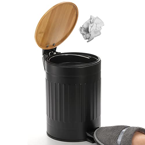 Avla 2 Liter Small Step Trash Can, Metal Pedal Rubbish Wastebasket Trashcans, Round Garbage Container Bin With Bamboo Lid And Liner Bucket, Compact Waste Basket For Bathroom, Office, Bedroom, Kitchen #TOP5