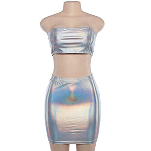 Women's Metallic Shiny Off Shoulder Crop Top + Silver Skirt Two Piece Rave Outfits Set