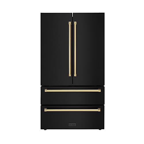 Z Line Kitchen and Bath ZLINE 36' Autograph Edition 22.5 cu. ft Freestanding French Door Refrigerator with Ice Maker in Fingerprint Resistant Black Stainless Steel with Gold Accents (RFMZ-36-BS-G)