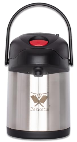 Beeketal 'BPK Serie' Gastro Pumpkanne, doppelwandige Edelstahl Isolierkanne mit leichtgängigem Pumpmechanismus (Warm- & Kalthalten) und klappbarem Tragegriff (ca. 2,5 Liter)