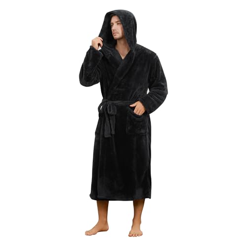 Mens Fleece Hooded Robe, Plush Robes Cozy for Men, Soft Warm Bathrobe Shower Spa Long Robe With Pockets