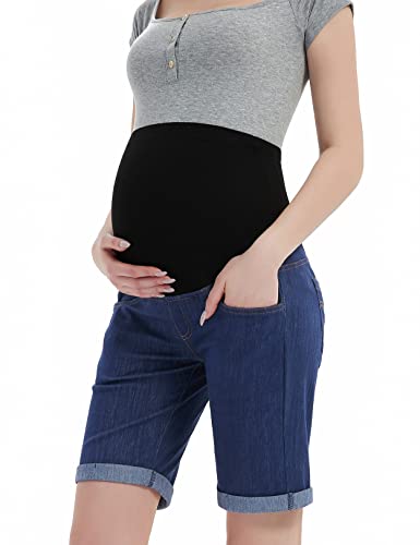 Bhome Maternity Bermuda Denim Jean Shorts Over The Belly Full Panel Casual Pregnancy Short Pants Dark Blue L #TOP2