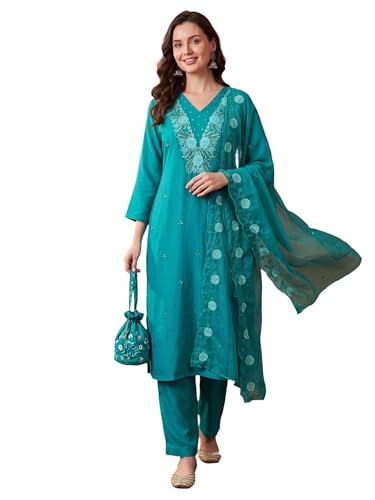 Image of INDO ERA Women's Cotton Blend Solid Straight Kurta Palazzo With Dupatta Set