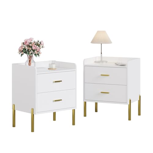 Vabches Nightstand Set of 2 with Built-in Charging Station, White