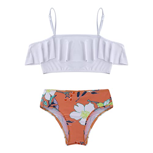 Kids Girls Off Shoulder Bikini Swimsuits Ruffle Tankini Top and Briefs Swimwear Bathing Suit