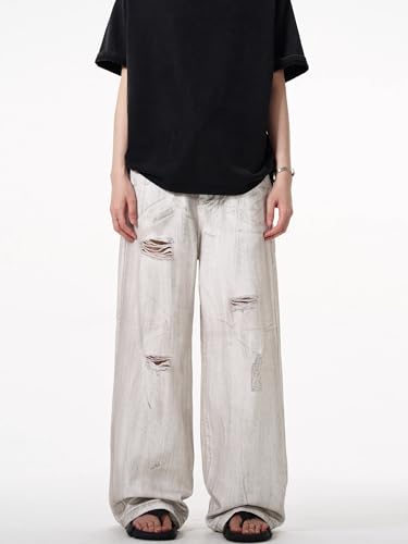 GUOYUXIAO Men's Jeans Summer Retro Distressed Denim Pants Straight-Leg Dropped-Crotch Wide-Leg Pants Trouser for Men4