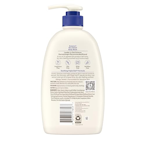 Aveeno Skin Relief Fragrance Free Body Wash, Triple Oat Formula, Gentle Daily Cleanser for Itchy Dry Sensitive Skin, Soap & Paraben Free, Soothes & Moisturizes, 33 fl oz