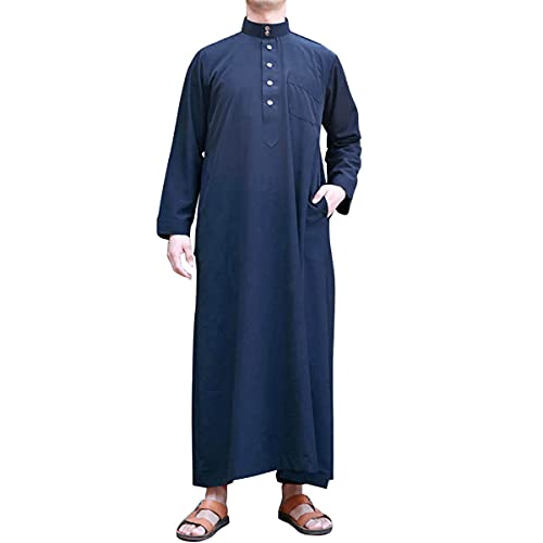 QYUU Men's Saudi Arabic Thobe Jubba Dishdasha Long Sleeve Robe Ramadan Muslim Dress Middle East Islamic Clothing (328# Navy, XL)