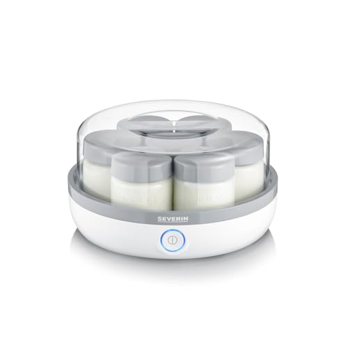 SEVERIN Joghurtbereiter, Joghurtmaschine mit Zeitanzeige zum Herstellen von selbstgemachtem und veganem Joghurt, enthält 7 Joghurtgläser mit Deckel aus Glas, JG 3518, Weiß / Grau
