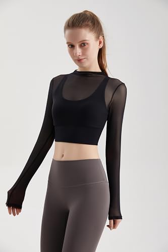 Luna & Sun Sheer Mesh Sexy Crop Top Longsleeve Mock Neck Criss Cross Strappy Back Design Padded Camisole Workout Yoga Fitness4