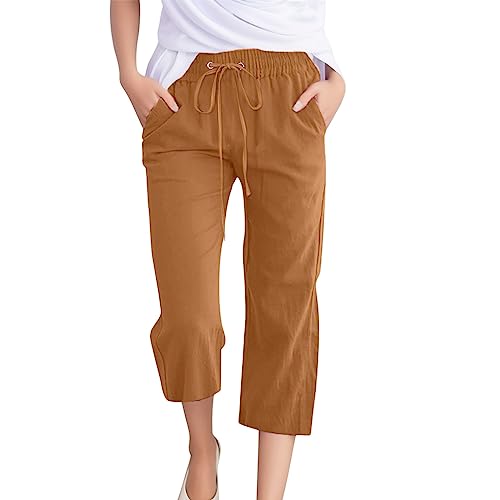 Women Summer Linen Capri Pants Trendy Wide Leg Elastic Waisted Cropped Pants Baggy Pockets Comfort Beach Casual Trousers