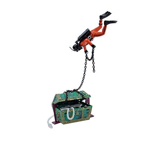 AUEAR, Moving Treasure Chest Diver Action Figure Decoration for Aerating Aquarium Fish Tank Ornament