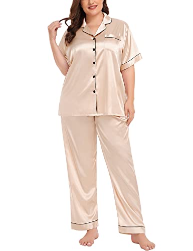 Image of SWOMOG Women's Plus Size Pajamas Silk Satin Pajama Set Short Sleeve Shirt with Full-Length Pants Pjs Sleepwear Set 18W-26W