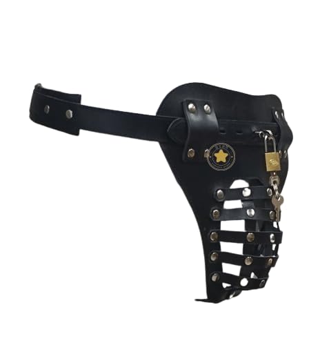 Black Leather Netted Chastity Jock - Locking BDSM Device for Men - Lockable Jockstrap -Secure Locking Jockstrap for Men (50 in)2
