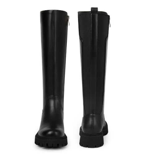 Image of TEAIEU Knee High Boots for Women, Platform Chunky Block Low Heel Tall Boots, Round Toe Side Zipper Fall Long Boots for Dress, Stretch Calf, Comfortable