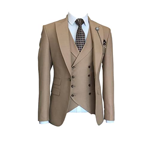 Men Suit Brown Wide Peak Lapel Blazer Groom Wedding Formal Prom Tuxedo 3 Pieces Suit Jacket Pants Vest