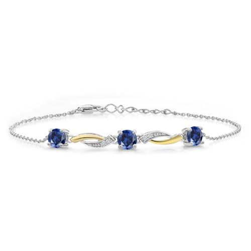 Gem Stone King Tennis Bracelet For Women | Round 5MM Gemstone Birthstone and White Moissanite | 925 Silver and 10K Yellow Gold | 7 Inch with 1 Inch Extender | Fine Jewelry Gifts for Her Mom Women Wife