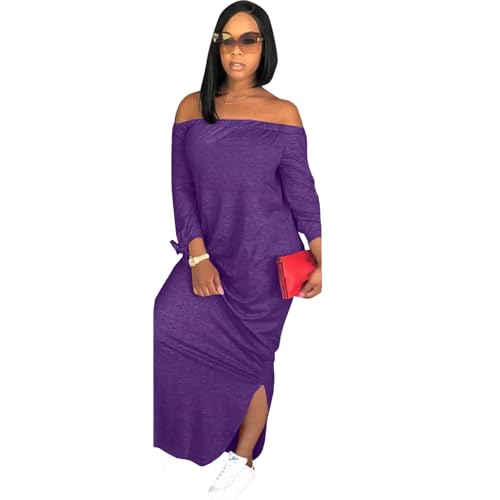 OLUOLIN Women's Casual Letter Print Off Shoulder Long Sleeve Bowknot Sides Slit Loose Long T-Shirt Maxi Dress