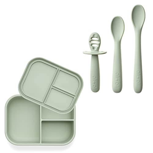 Ali+Oli Mealtime Bundle, Spoon Set 3Pc (Pine), Leak proof Bento Box (Pine), Food Grade Silicone Bib (Sage), All BPA-Free