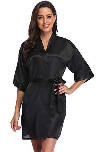 Season Dressing Women Satin Kimono Short Floral Satin Robe Bridesmaid Bridal Bathrobe Silky Sleepwear For Wedding Party, Black S/M #TOP2