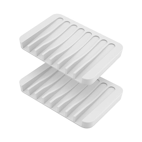 2Pcs Silicone Soap Dish, Auzass Anti-Slip Self Draining Soap Holder, Portable Soap Drainer Dish Tray for Shower, Bathroom, Kitchen, Counter Top, Keep Soap Dry, Easy Cleaning (White+White)