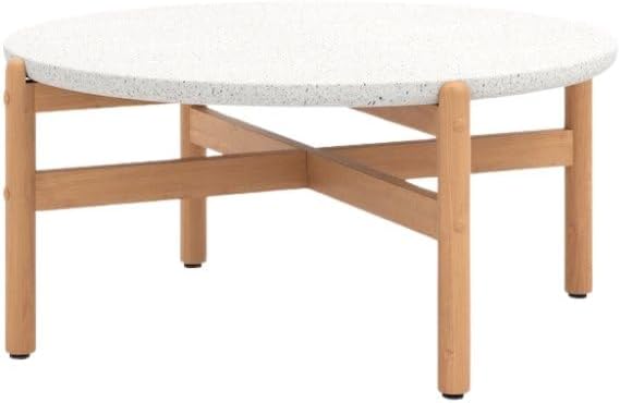 Round Outdoor Coffee Table in Brown Acacia Wood, Circle Coffee Table with Durable Terrazzo Top for Patio and Garden Lounge Settings