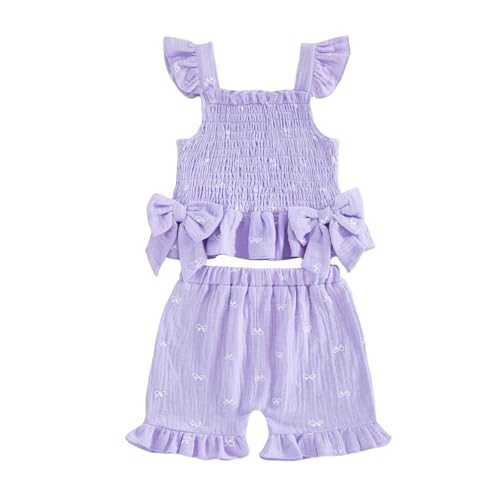 Awwpiely Toddler Baby Girls Summer Outfit Fashionable Bow Print Flying Sleeve Bubble Shirt Tops Shorts Cute Kids Clothes (Purple, 18-24 Months)