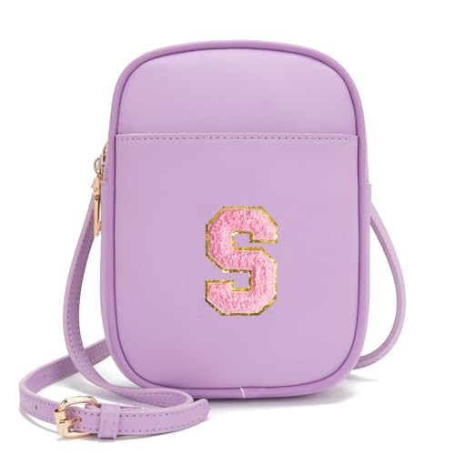 Toddler Purse Initial Crossbody Bags for Girls 3 Pockets PU Leather Cross Body Bag Crossbody Purse Handbag Personalized Preppy Teen Girl Gifts Trendy Stuff (Lavender S)