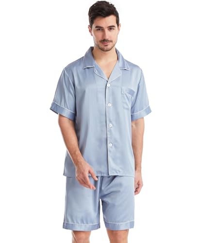 Nanxson Hombre Pijamas De Raso para Clásico Camisón con Botones 2 Piezas Camisa De Manga Corta Y Pantalones Cortos Conjunto De Ropa De Dormir(S,Azul Gris)