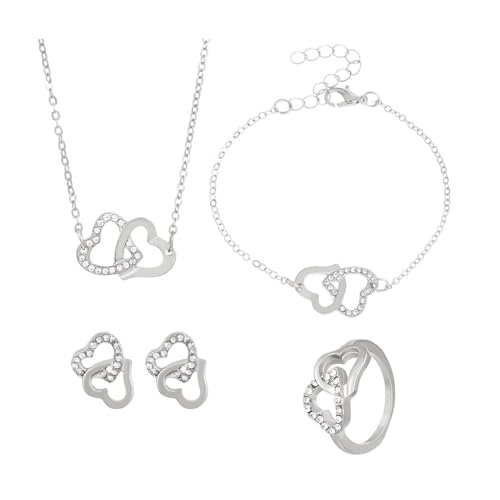 FDEETY 4 Stück Herz Schmuckset Damen Kristall Halskette Ohrringe Armband Ring Elegante Schmuck Kollektion Doppelherz Anhänger Damenschmuck