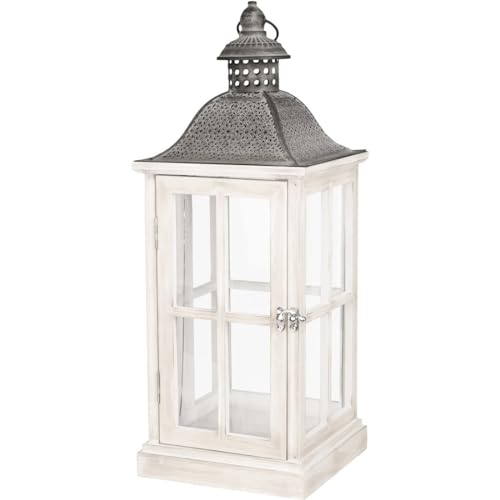 Lanterna portacandela Bianca Agrabah small 15,5 * 14,5 * 35 cm, Lanterna da interno arredo in legno e ferro, Lanterna decorativa per casa, balcone e arredo giardino