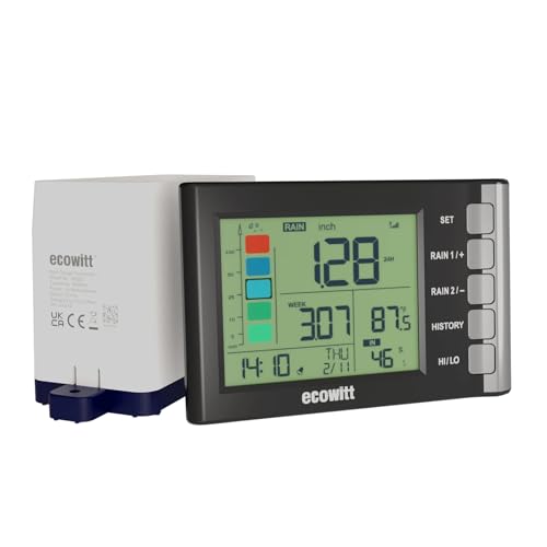 ECOWITT WH5370 Wireless Rain Gauge Includes WN20 Tipping-Bucket Collector Sensor and WH5370_C Display Console for Rainfall History Alerts Indoor Temperature & Humidity and Date&Time 915 MHz