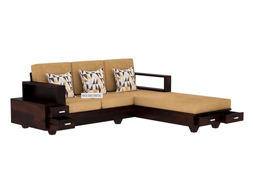 Image of Sheesham Wood 4 Seater L Shape Sofa Set with 2 Drawer Storage | 3+1 Wooden Sofa Set Furniture for Living Room Home Office (L Shape,Walnut)