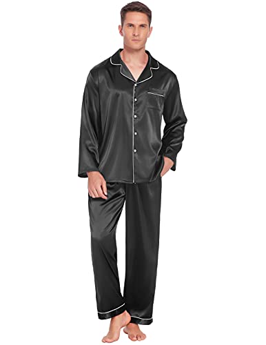 Image of Ekouaer Couples Matching Pajamas Silk Long Sleeve Sleepwear Satin Pjs Set