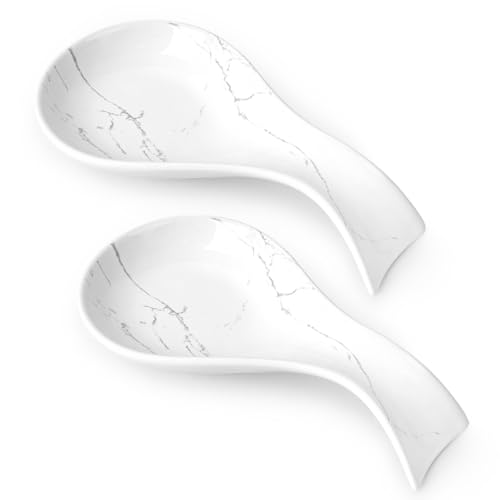 Spoon Rest for Stove Top 2PCS, Kitchen Spoon Holder Set, White Marble Spoon Rest for Counter, Ceramic Cooking Utensil Rest for Spatula, Tong, ANTIS'S HOME