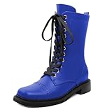 SAMMITOP Women's Low Chunky Combat Boots Fashion Lace up Side Zipper Ankle Boots Square Toe Mid Calf Military Riding Boots for Women 1.4 Inch Royal Blue US Size 9.5