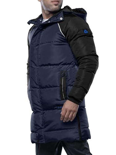 Image of URBAN BUCK Mens Puffer Jacket with Hood Midweight Lonnie Blue Long Parka Winter Recycled Down Men Ski Coat (M)
