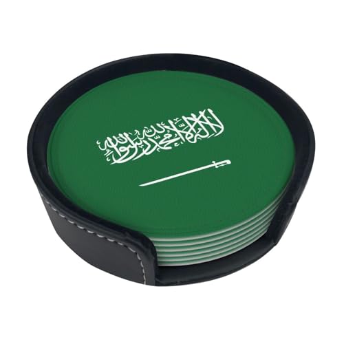 Lot de 6 dessous de verre ronds imprimés drapeau de l'Arabie Saoudite avec boîte de rangement pour restaurants et cafés