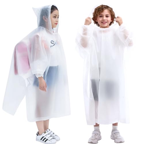 DZTSMART 2 Stück Regenponcho kinder Vollärmel Regenjacke Mädchen Jungen EVA Leichter regenmantel kinder für Schule Radfahren Camping Wasserparks Festivals Wandern (Weiß)