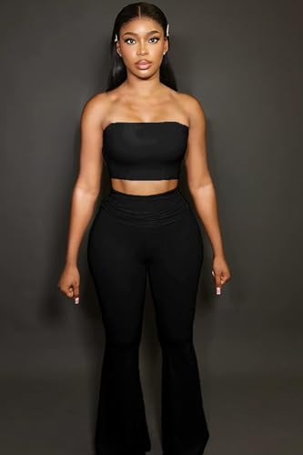 Image of Sexy Women's 2 Piece Lounge Sets Pajama Outfits Casual yoga Crop tube Top High Waist Wide Leg Foldover Flare Pants