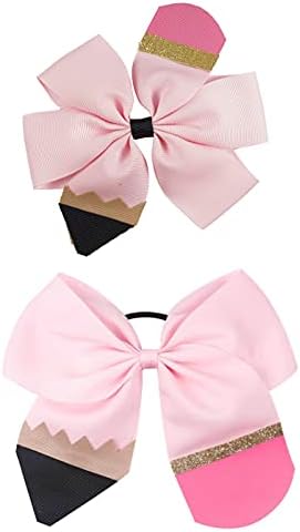 School Bow Cheer Bow Clip, Back to School Hair Bow Ponytail Holder, Pencil Girls Hair Clips ZFJ26 (Pink Set)