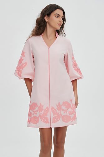 Image of D-Sun Women Floral Embroidery Mini Dress 3 /4 Puff Sleeves V Neck Tunic Mini Dress Zip Party Dresses