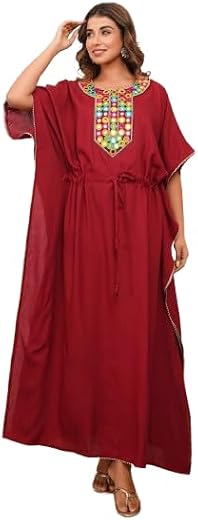 MODI FACTORY Tribal Mirror Embroidered Kaftan with Adjustable Waist &amp; Ethnic Charm Long Kaftan.(Maroon)