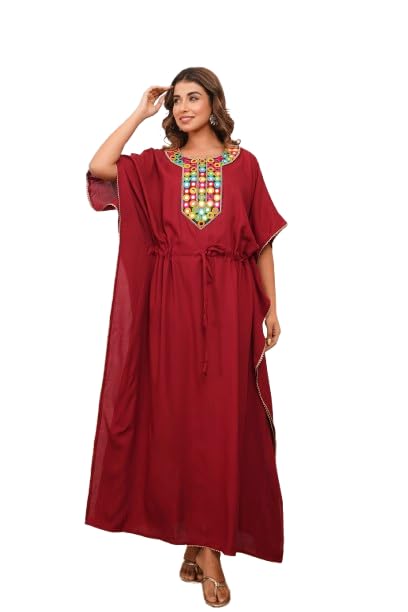 Tribal Mirror Embroidered Kaftan with Adjustable Waist & Ethnic Charm Long Kaftan.(Maroon)-image-22
