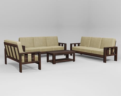 Image of KL Furniture Wooden Sofa Set for Living Room | Wooden 8 Seater Sofa Set for Home| Solid Wood Sofa Set (3+3+2 Walnut Finish)