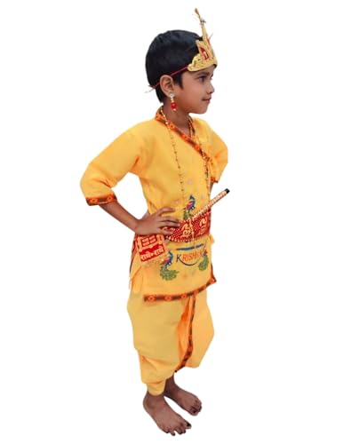 BookMyCostume Krishna Dress for Baby Boy | Print Shri Krishna Costume for Kids with Patka, Flute, Mukut & Mala | Janmashtami Photoshoot Outfit | Fancy Dress RolePlay costume for kids | 3-4 Years - Image 3 thumbnail
