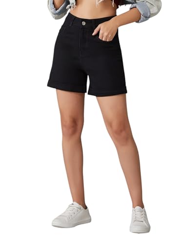 Image of Dolce Crudo Women's Relaxed Fit Mid-Rise Denim Shorts with Adjustable Waist & Frayed Hem